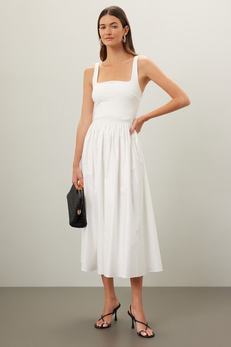 RUE SOPHIE Off White Square Neckline Flowy Skirt Midi Dress Size Extra Small
